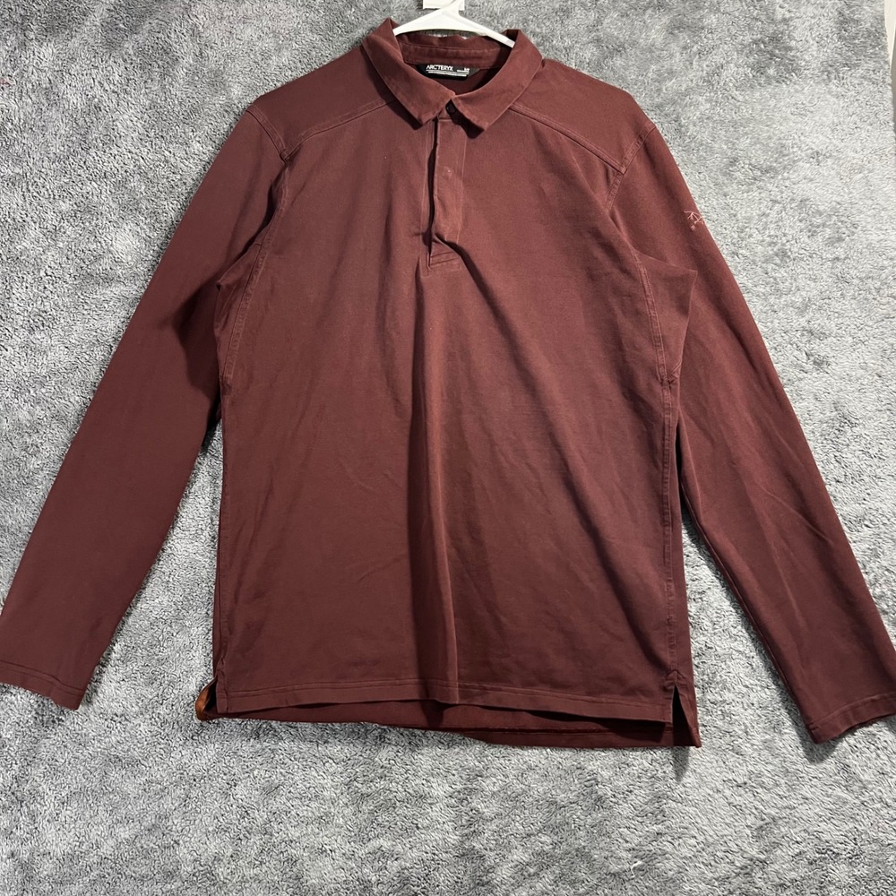 Arcteryx Mens Long Sleeve Polo Shirt Small Burgundy Maroon Cotton Blend Stretch